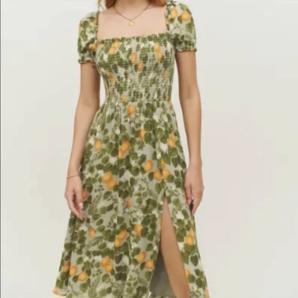 Reformation Green and Orange Floral Midi Dress